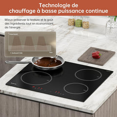 Gudsunal Plaque induction 4 feux, Table de Cuisson Encastrable,7200W, 9 niveaux de chauffage,Boost, Minuterie, Arrêt automatique, Verrouillage de sécurité enfant