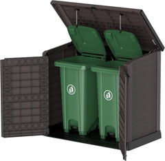 Duramax StoreAway 1200L Plastic Garden Shed/ Flat Lid, Outdoor Storage Shed, Wheelie Bin Hideaways, Wheelie bin box, Durable Construction, Ideal for Bikes, BBQs & 2x 240L Bins, 145x85x125 cm, Brown