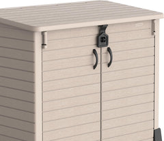 Duramax StoreAway 1200L Plastic Garden Shed/ Flat Lid, Outdoor Storage Shed, Wheelie Bin Hideaways, Wheelie bin box, Durable Construction, Ideal for Bikes, BBQs & 2x 240L Bins, 145x85x125 cm, Brown