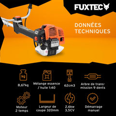 Fuxtec Débroussailleuse Thermique Professionnelle FX-PS152 52 cm3 3CV Système Anti Vibration - 2 en 1 Coupe-Bordure avec Tête de Coupe Double Fil et Lame 3 Dents Modèle Conçu pour Les Pros