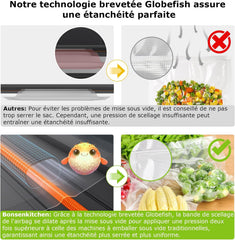 Bonsenkitchen Powerful and Quiet Food Vacuum Sealer with Globefish Technology for Continuous Work, Locked Handle Design, Integrated Cutter, 2 Rolls of Bags Included