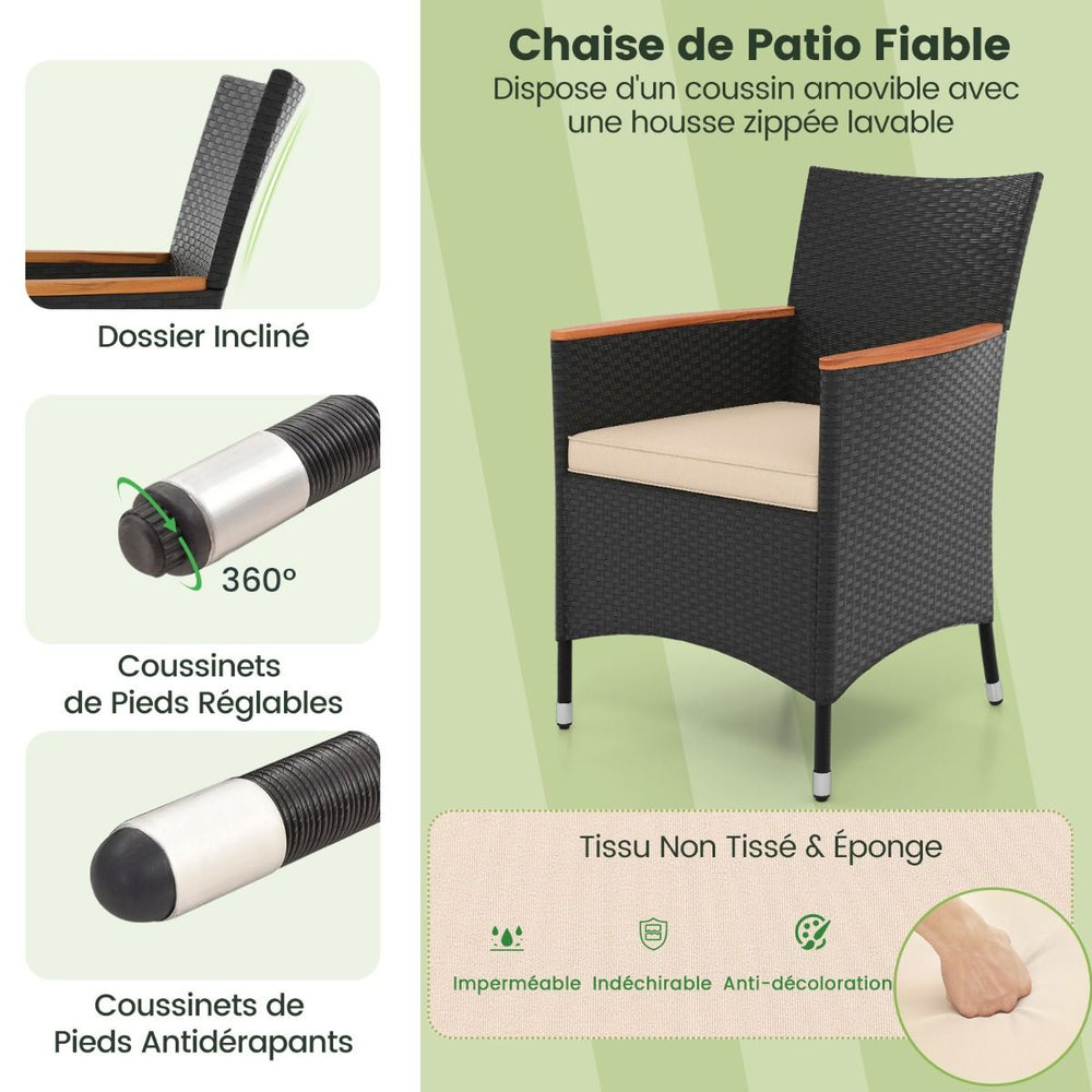 Salon de Jardin en Rotin 9 Pièces Plateau de Table en Acacia Ensemble de Salle à Manger avec Coussins Amovibles Trou Charge 180KG Beige+Noir