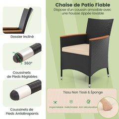 Salon de Jardin en Rotin 9 Pièces Plateau de Table en Acacia Ensemble de Salle à Manger avec Coussins Amovibles Trou Charge 180KG Beige+Noir