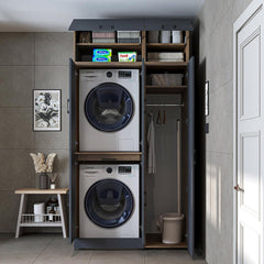 ROOMART Dora - Armoire de machine à laver - Pour sèche-linge et machine à laver - En 4 couleurs - Avec portes et panneau coulissant - Blanc - Chêne blanc - Chêne anthracite - Chêne blanc (chêne blanc)