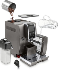 De'Longhi Dinamica LatteCrema Espresso Machine with Automatic Milk Frother for Latte, Cappuccino, Built-in Grinder, Silver, ECAM35075SI
