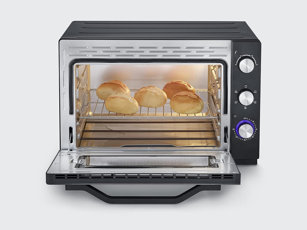 SEVERIN Mini-Four à chaleur tournante 42 L avec pierre à pizza et tournebroche, Four posable 1 800 W design élégant, électrique avec minuteur 120 min, Noir/Inox, TO 2058