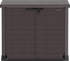 Duramax StoreAway 1200L Plastic Garden Shed/ Flat Lid, Outdoor Storage Shed, Wheelie Bin Hideaways, Wheelie bin box, Durable Construction, Ideal for Bikes, BBQs & 2x 240L Bins, 145x85x125 cm, Brown