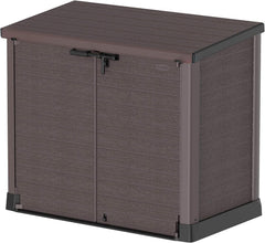 Duramax StoreAway 1200L Plastic Garden Shed/ Flat Lid, Outdoor Storage Shed, Wheelie Bin Hideaways, Wheelie bin box, Durable Construction, Ideal for Bikes, BBQs & 2x 240L Bins, 145x85x125 cm, Brown