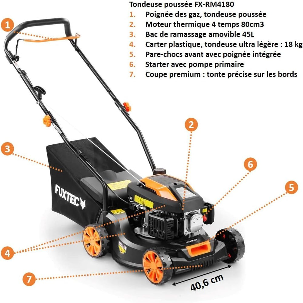 FUXTEC Tondeuse thermique pousse FX-RM4646ECO - Tres bon rapport qualit-prix - Easy Clean 3en1 largeur de coupe 46cm - bac de ramassage 50L