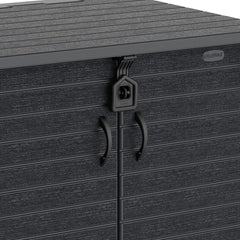 Duramax StoreAway 1200L Plastic Garden Shed/ Flat Lid, Outdoor Storage Shed, Wheelie Bin Hideaways, Wheelie bin box, Durable Construction, Ideal for Bikes, BBQs & 2x 240L Bins, 145x85x125 cm, Brown