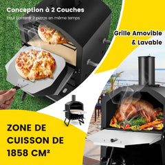 Four à Pizza Extérieur à 2 Couches Etagère du Milieu Amovible avec Pierre à Pizza Grille Pelle Housse Etanche Cheminée -