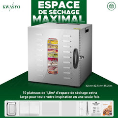Kwasyo Food Dehydrator, 10 Trays • Desiccator with Timer (24H) • Fruit and Vegetable Dehydrator Adjustable Temperature (30 to 90°C) + 1 x Recipe Book