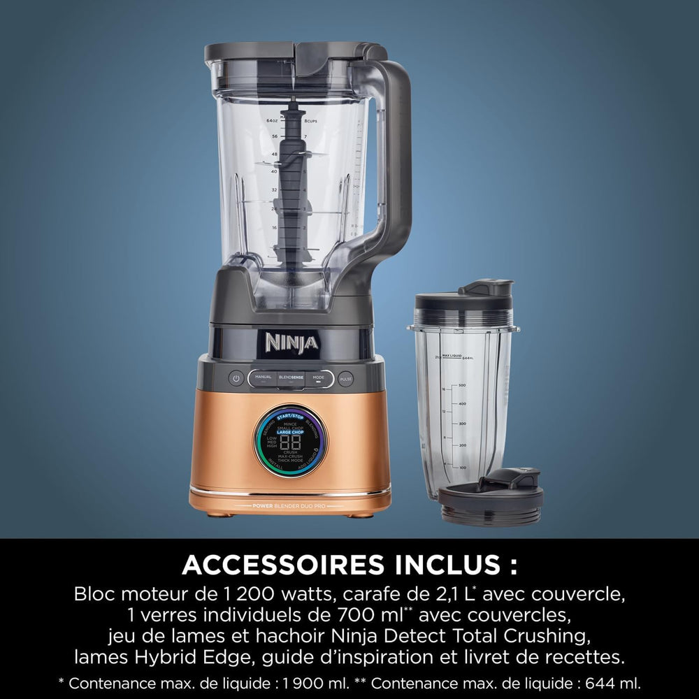 Ninja Detect Power Blender Processor Pro 3-en-1, mixeur 1200W, bol à mélanger, lame malaxeur, gobelet individuel, récipient, pétrir, mixer, hacher et mélanger, noir, TB401EU