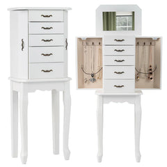 Standing Jewelry Armoire Cabinet with Flip Top Mirror, 4 Drawers, 2 Side Doors & Necklace Hooks, Vintage Wood Jewelry Storage Organizer Chest