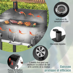 Barbecue à Charbon de Bois Portable avec 2 Tables d'Appoint Noir