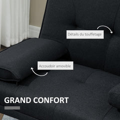 HOMCOM Canapé Convertible 3 Places Design scandinave Inclinaison Dossier réglable 3 Niveaux Dossier Centrale Rabattable 2 Porte-Verres Bois Massif Lin Gris