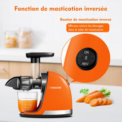 AMZCHEF Extracteur Jus - Extracteur de Jus de Fruits et Légumes - Presses-agrumes à Froid sans BPA avec 2 Tasses et Brosse - Fonction de Mastication Inversée pour Éviter les Blocages - Argent