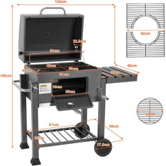 Barbecue Charbon de Bois XL, Chariot à Barbecue, Grill XL à Charbon avec Couvercle, Roues et Thermomètre, Réglable en Hauteur, Grand Barbecue au Charbon de Bois, pour Camping et Jardin, Noir