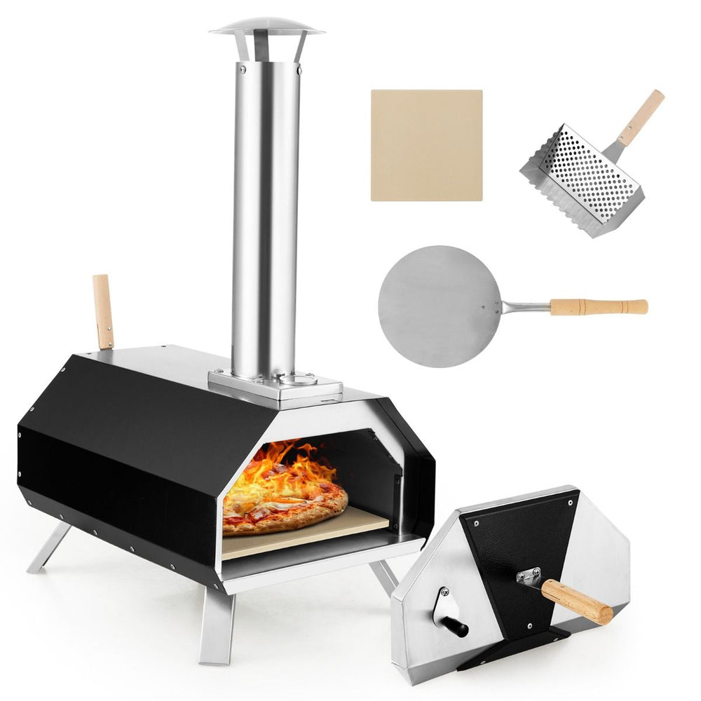 Four Pizza Extrieur en Acier Inoxydable avec Pierre Pizza de 30,5cm Four Bois pour Pizza avec Pelle Pare-feu Pieds Pliables -