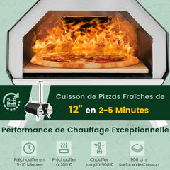 Four Pizza Extrieur en Acier Inoxydable avec Pierre Pizza de 30,5cm Four Bois pour Pizza avec Pelle Pare-feu Pieds Pliables -