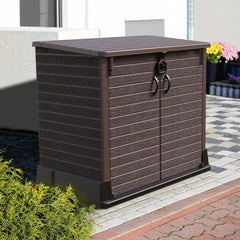Duramax StoreAway 1200L Plastic Garden Shed/ Flat Lid, Outdoor Storage Shed, Wheelie Bin Hideaways, Wheelie bin box, Durable Construction, Ideal for Bikes, BBQs & 2x 240L Bins, 145x85x125 cm, Brown