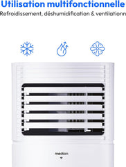 MEDION Smart Climatiseur Mobile P1002 (10000 BTU, 3-en-1, Refroidir, Déshumidification, Ventilation, jusqu'à 34m², kit de joint de fenêtre, mode sommeil, contrôle Wifi, Télécommande, Écran, MD 37733)