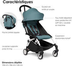Poussette BABYZEN YOYO2 6+ (Cadre noir + pack couleur Aqua) - Comprend un harnais, un dossier, des arceaux de capote, une bandoulière, un coussin d’assise, et une capote assortie