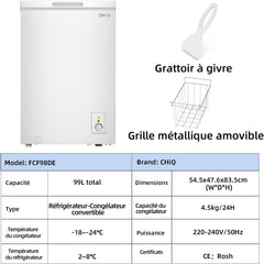 Congélateur coffre CHiQ 142L, 63,5 x 55,6 x 83,5cm, Congélateur Inverter, Affichage de la température extérieure, Mode de congélation rapide -32℃, Grille métallique,Faible bruit