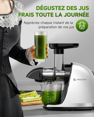 AMZCHEF Extracteur Jus - Extracteur de Jus de Fruits et Légumes - Presses-agrumes à Froid sans BPA avec 2 Tasses et Brosse - Fonction de Mastication Inversée pour Éviter les Blocages - Argent