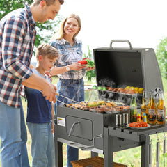 Barbecue Charbon de Bois XL, Chariot à Barbecue, Grill XL à Charbon avec Couvercle, Roues et Thermomètre, Réglable en Hauteur, Grand Barbecue au Charbon de Bois, pour Camping et Jardin, Noir