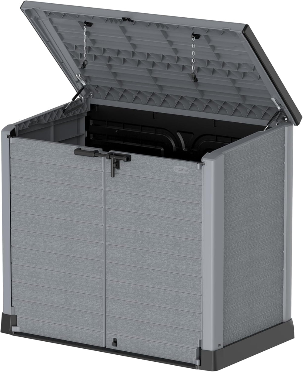Duramax StoreAway 1200L Plastic Garden Shed/ Flat Lid, Outdoor Storage Shed, Wheelie Bin Hideaways, Wheelie bin box, Durable Construction, Ideal for Bikes, BBQs & 2x 240L Bins, 145x85x125 cm, Brown