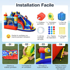 Château Gonflable Style Bateau avec Toboggan Incurvé Zone de Saut Mur d'Escalade avec Gonfleur 450 W