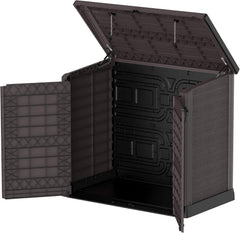 Duramax StoreAway 1200L Plastic Garden Shed/ Flat Lid, Outdoor Storage Shed, Wheelie Bin Hideaways, Wheelie bin box, Durable Construction, Ideal for Bikes, BBQs & 2x 240L Bins, 145x85x125 cm, Brown