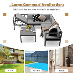 Salon de Jardin Extérieur avec Table Basse en Verre Trempé Canapéavec Dossier Inclinable à 6 Niveaux Coussins Inclus Gris