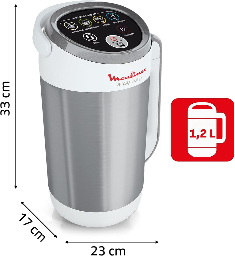 Moulinex Blender chauffant, Mixeur soupe, Puissance 1000 W, Capacité 1,2 L, 5 programmes automatiques, Double paroi, Maintien au chaud 40 min, Livret recettes, Easy Soup, Inox LM841B10