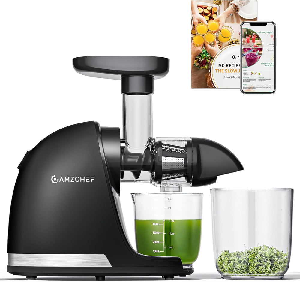 AMZCHEF Extracteur Jus - Extracteur de Jus de Fruits et Légumes - Presses-agrumes à Froid sans BPA avec 2 Tasses et Brosse - Fonction de Mastication Inversée pour Éviter les Blocages - Argent