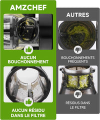 AMZCHEF Extracteur Jus - Extracteur de Jus de Fruits et Légumes - Presses-agrumes à Froid sans BPA avec 2 Tasses et Brosse - Fonction de Mastication Inversée pour Éviter les Blocages - Argent