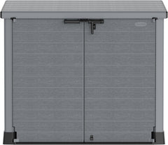 Duramax StoreAway 1200L Plastic Garden Shed/ Flat Lid, Outdoor Storage Shed, Wheelie Bin Hideaways, Wheelie bin box, Durable Construction, Ideal for Bikes, BBQs & 2x 240L Bins, 145x85x125 cm, Brown