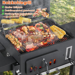 Barbecue Charbon de Bois XL, Chariot à Barbecue, Grill XL à Charbon avec Couvercle, Roues et Thermomètre, Réglable en Hauteur, Grand Barbecue au Charbon de Bois, pour Camping et Jardin, Noir