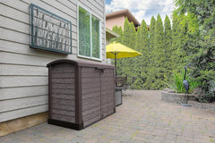 Duramax StoreAway 1200L Plastic Garden Shed/ Flat Lid, Outdoor Storage Shed, Wheelie Bin Hideaways, Wheelie bin box, Durable Construction, Ideal for Bikes, BBQs & 2x 240L Bins, 145x85x125 cm, Brown