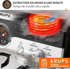 Krups Virtuoso+, Machine expresso, Machine a cafe à pompe, expresso machine a cafe moulu ou dosettes, 15 bars, Inox, Buse vapeur, Espresso et cappuccino, XP444G10