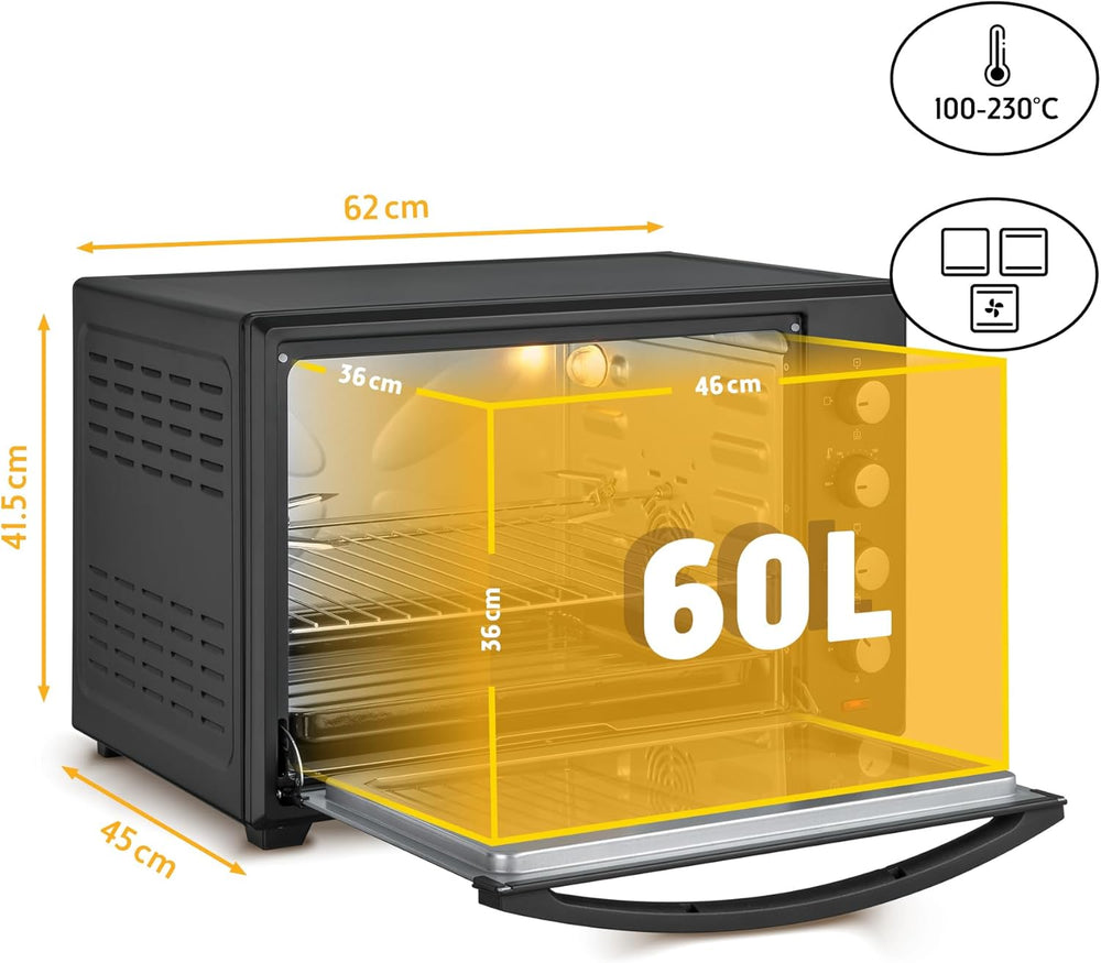 TZS First Austria Mini-four 60 l I 2000 W I Convection + Rôtisserie I 4 éléments chauffants I Plage de température jusqu'à 230 °C I Minuterie 60 min I Inox I Noir