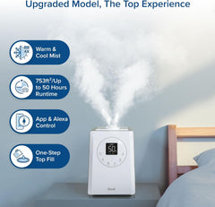 LEVOIT OasisMist 1000S (10L) Smart Humidifier for Home Large Room Bedroom, Last 100 Hours Suitable for Indoor Plant, Cover up to 600ft², Easy Top Fill, Remoter & Voice Control, Auto Mode, Quiet, White
