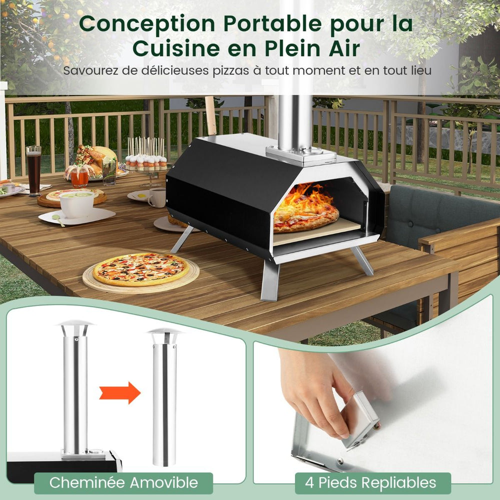 Four Pizza Extrieur en Acier Inoxydable avec Pierre Pizza de 30,5cm Four Bois pour Pizza avec Pelle Pare-feu Pieds Pliables -