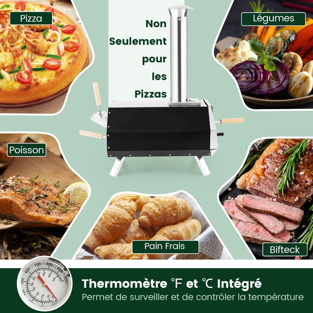 Four Pizza Extrieur en Acier Inoxydable avec Pierre Pizza de 30,5cm Four Bois pour Pizza avec Pelle Pare-feu Pieds Pliables -