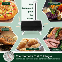 Four Pizza Extrieur en Acier Inoxydable avec Pierre Pizza de 30,5cm Four Bois pour Pizza avec Pelle Pare-feu Pieds Pliables -