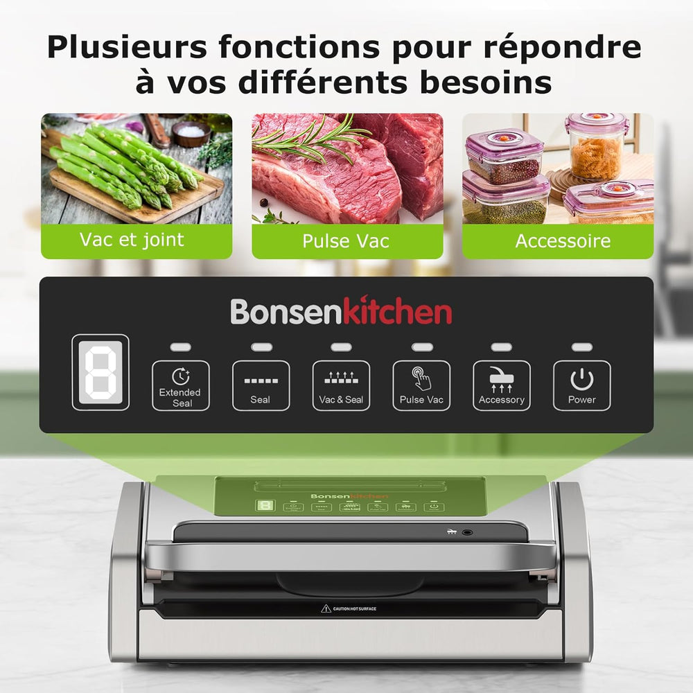Bonsenkitchen Powerful and Quiet Food Vacuum Sealer with Globefish Technology for Continuous Work, Locked Handle Design, Integrated Cutter, 2 Rolls of Bags Included