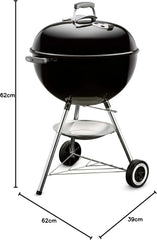 Weber Classic Kettle barbecue au charbon de bois, surface de cuisson Ø 57cm, barbecue avec couvercle et cuve en acier emaillé, thermomètre intégré au couvercle, trépied et roues - Noir (1341504)