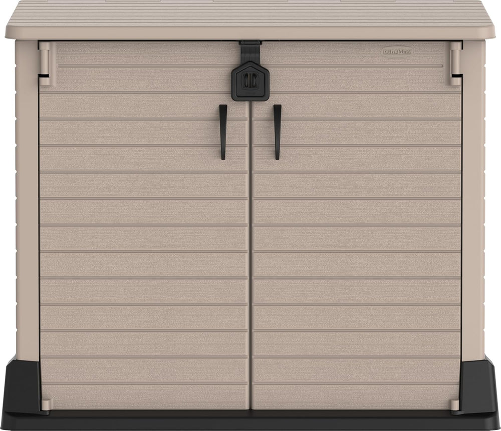 Duramax StoreAway 1200L Plastic Garden Shed/ Flat Lid, Outdoor Storage Shed, Wheelie Bin Hideaways, Wheelie bin box, Durable Construction, Ideal for Bikes, BBQs & 2x 240L Bins, 145x85x125 cm, Brown