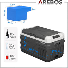 Arebos Glacière compresseur 26 l | Glacière électrique avec application et contrôle intelligent | Réfrigérateur mobile avec port USB | jusqu'à -20 °C | 12/24 V 230 V | Pour voiture, camion, camping,